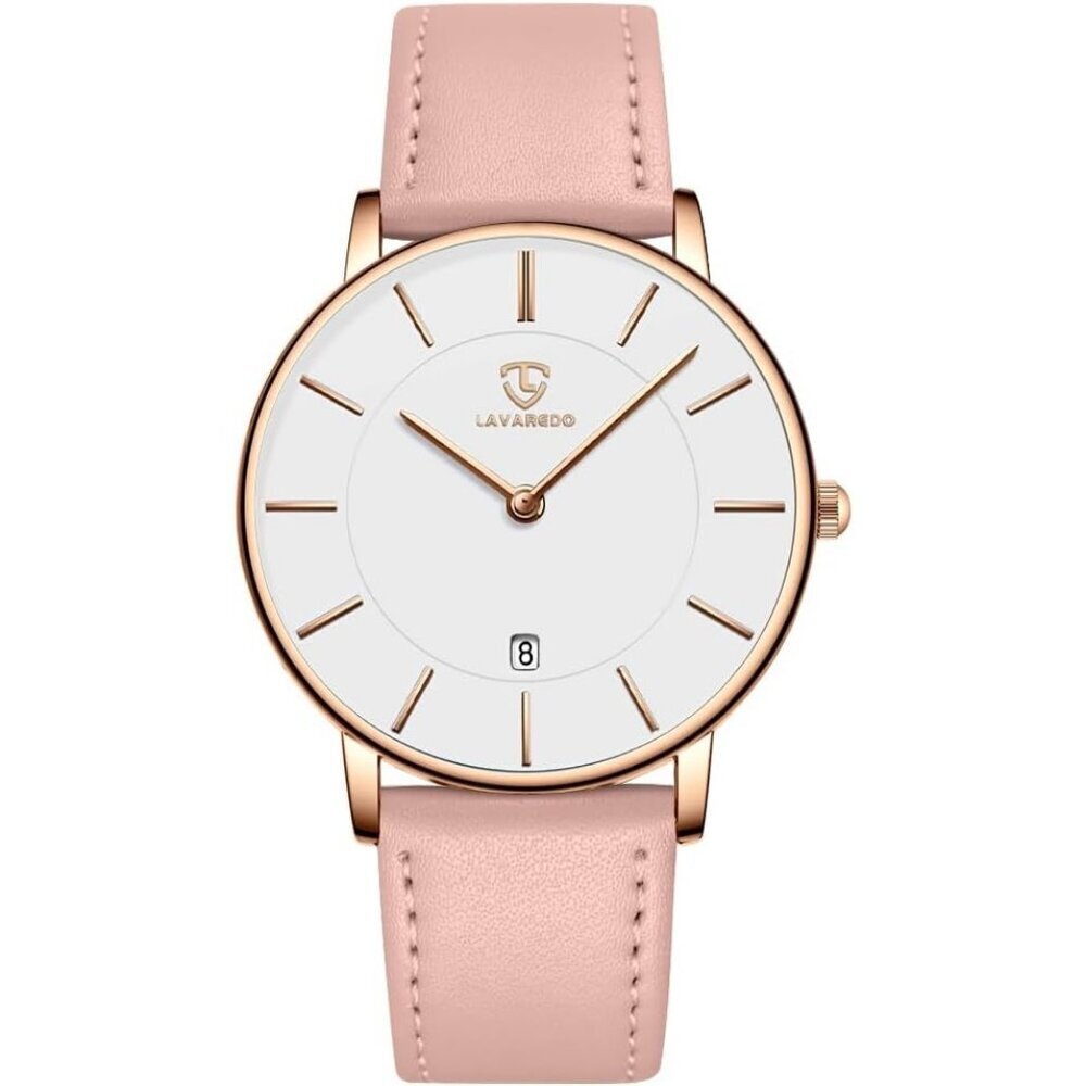 Men's Rose Pink White Leather Strap Analog Minimal Simple Stylish Buckle Watch